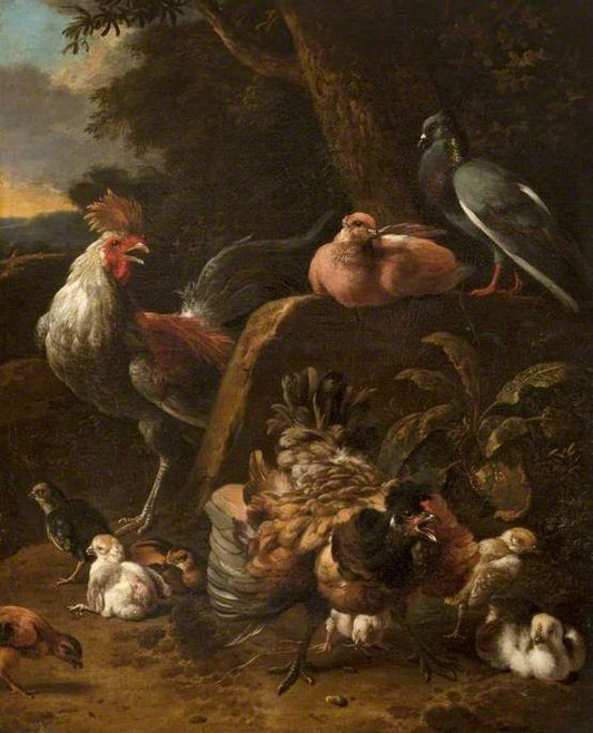 Poultry and Pigeons, vintage artwork by Melchior d'Hondecoeter, 12x8" (A4) Poster