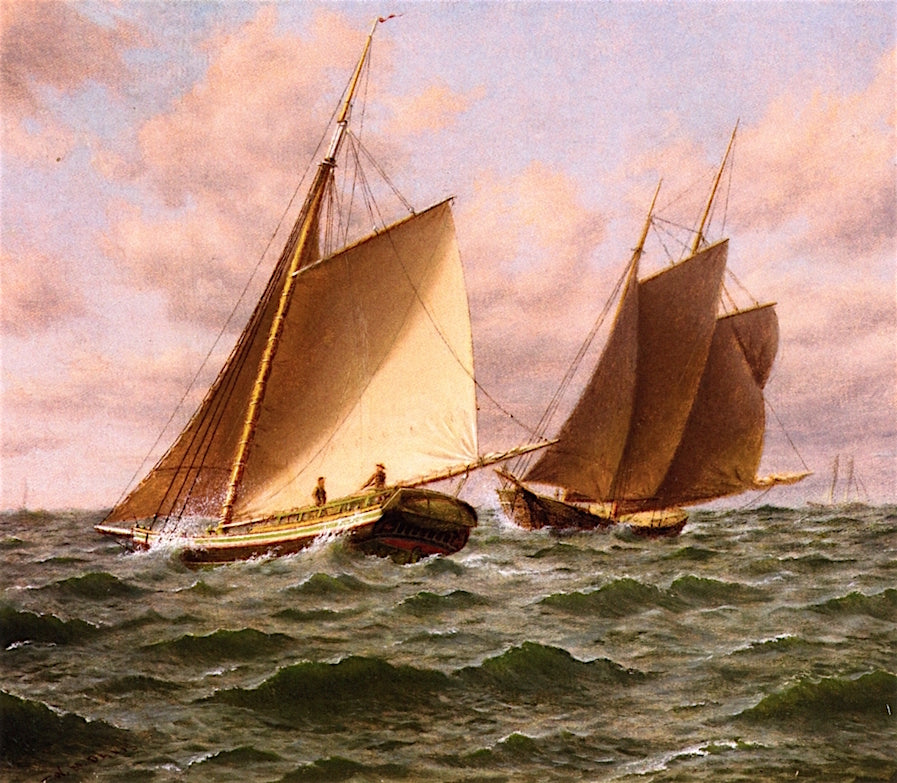Schooners at Sea: a Close Shave, vintage artwork by William Moore Davis, 12x8" (A4) Poster