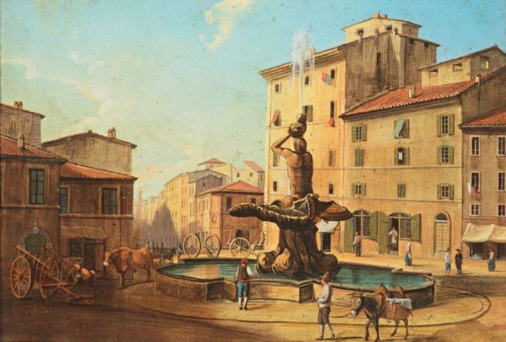 Piazza Barberini, Rome, vintage artwork by Gustaf Wilhelm Palm, A3 (16x12") Poster Print