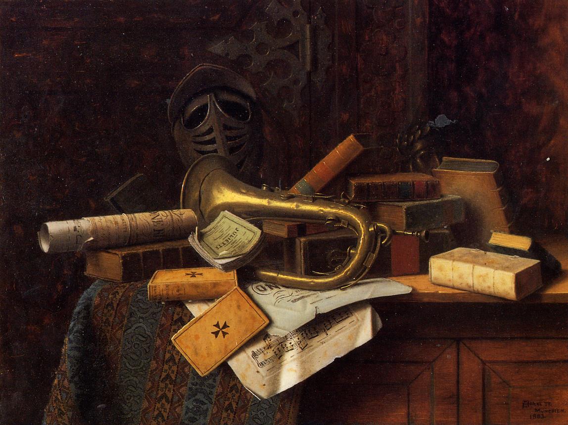 Still Life with Bust of Dante, vintage artwork by William Michael Harnett, 12x8" (A4) Poster