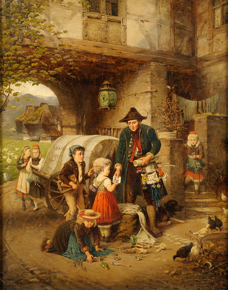 The Salesman in the Village, vintage artwork by Fritz Beinke, 12x8" (A4) Poster