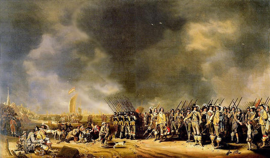 The Departure of Queen Henrietta Maria of England from the Beach at Scheveningen, vintage artwork by Sybrand van Beest, 12x8" (A4) Poster