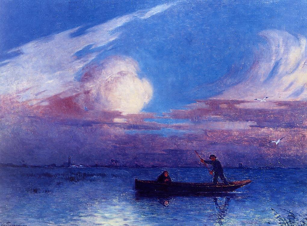 Boating at Night in Briere, vintage artwork by Ferdinand du Puigaudeau, 12x8" (A4) Poster