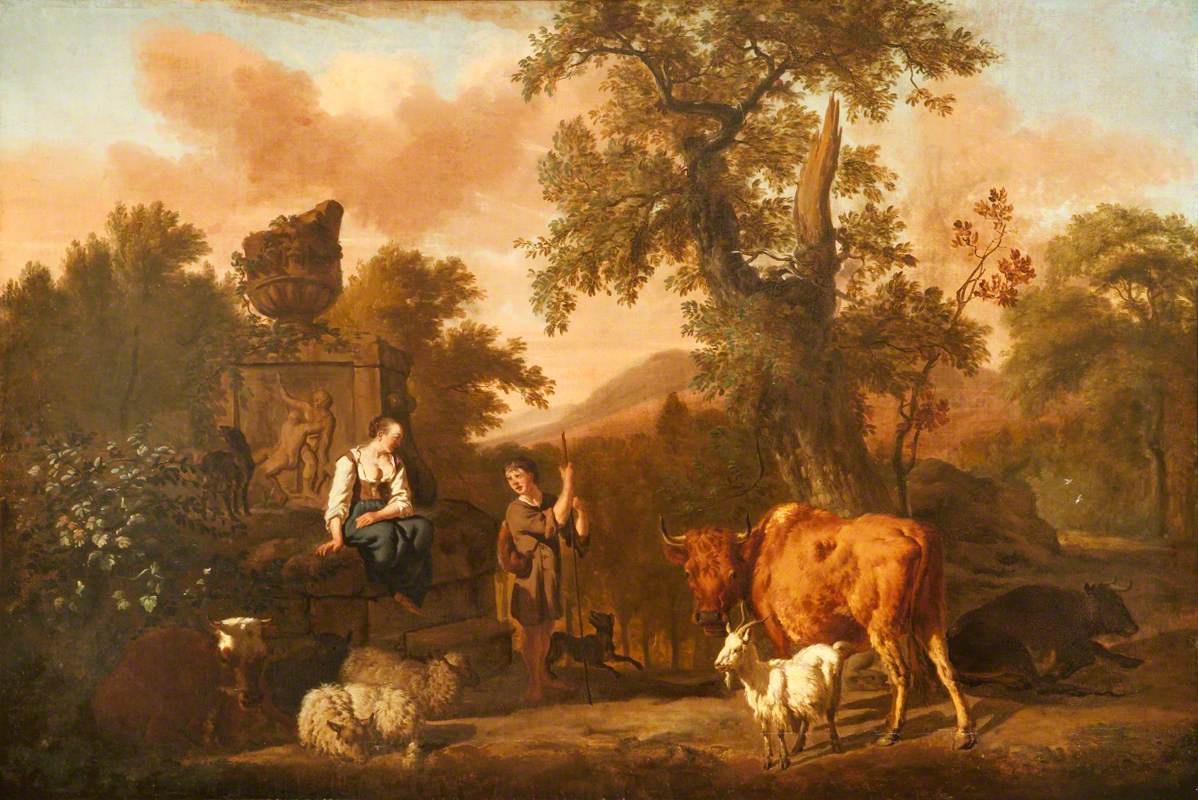 A Landscape with an Antique Tomb with a Ruined Urn, a Herdsboy and Shepherd Girl, Cattle, Sheep, and, vintage artwork by Dirck van den Bergen, 12x8" (A4) Poster
