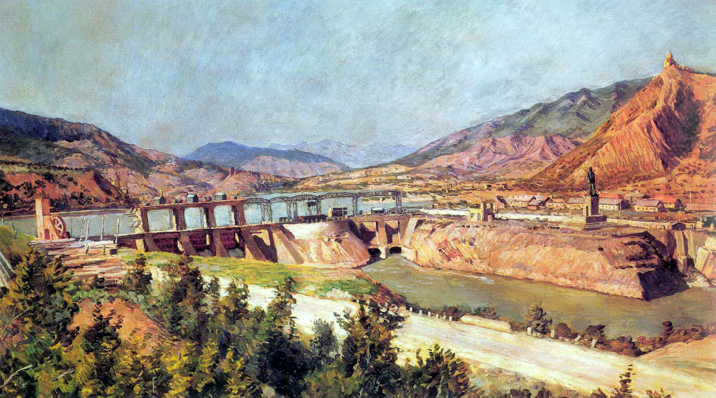 Dam on the Kura River and Georgian Military Road, vintage artwork by Ilya Mashkov, 12x8" (A4) Poster
