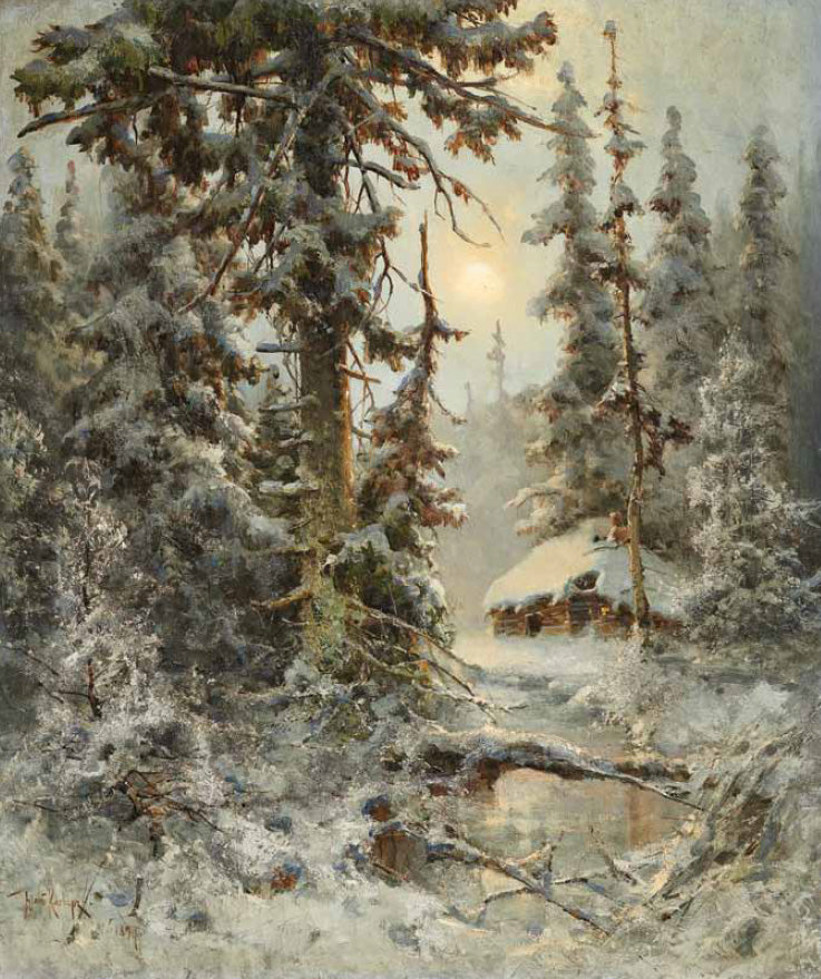 Winter Evening in the Forest, vintage artwork by Julius Klever, 12x8" (A4) Poster
