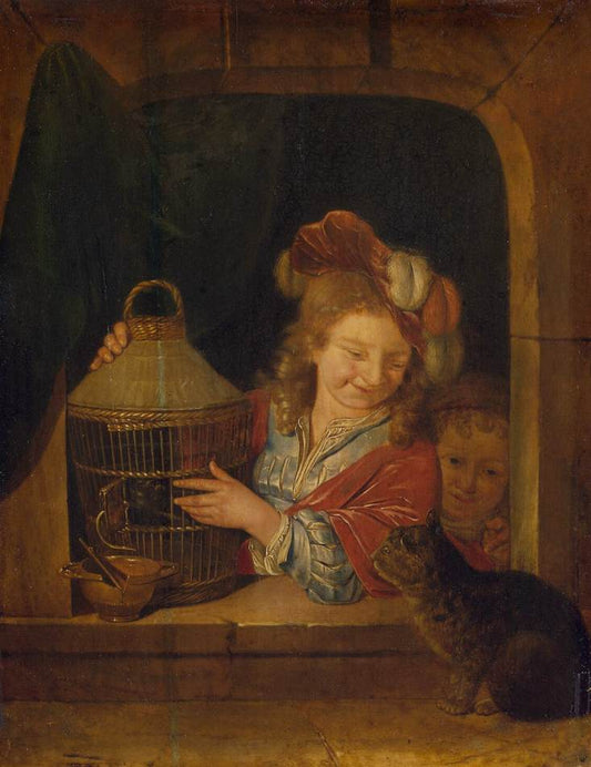 Children with a Cage and a Cat, vintage artwork by Eglon Hendrick van der Neer, 12x8" (A4) Poster