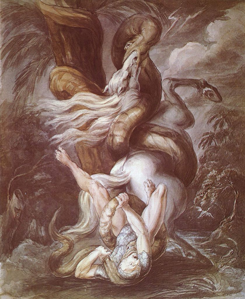 Horseman Attacked by  a Giant Snake, vintage artwork by Johann Heinrich Füseli, 12x8" (A4) Poster