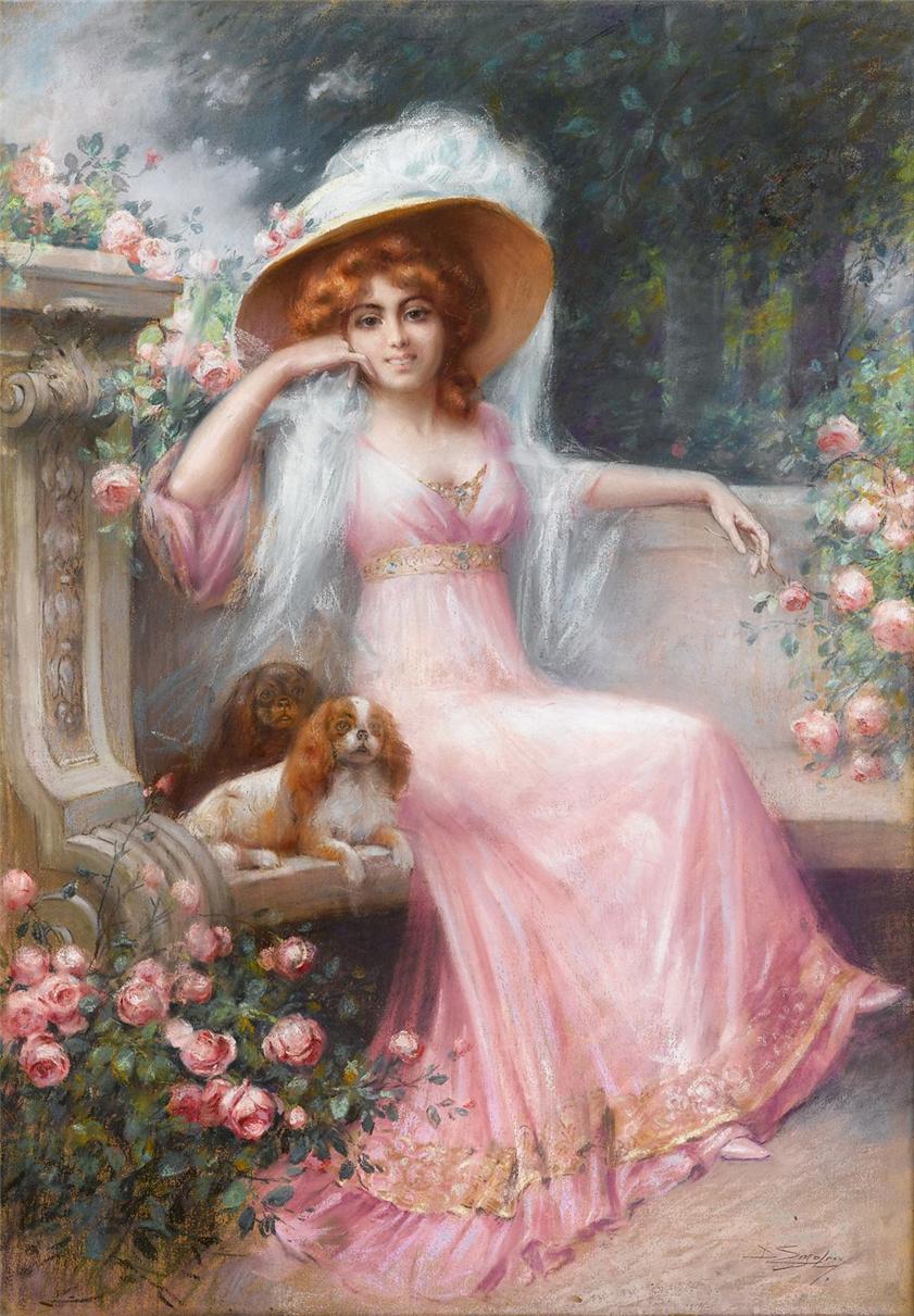 Lady in Pink with Her King Charles Spaniels, vintage artwork by Delphin Enjolras, 12x8" (A4) Poster