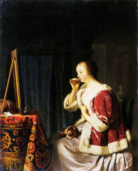 Young Lady at Her Dressing-Table, vintage artwork by Frans van Mieris the Elder, 12x8" (A4) Poster