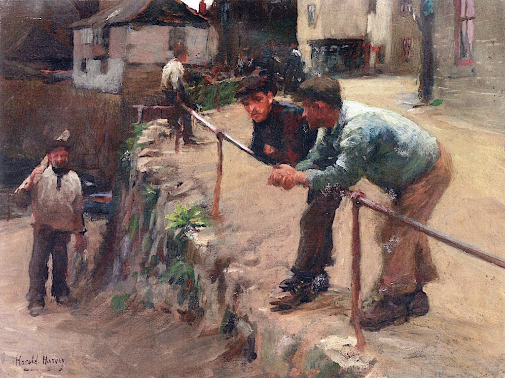 Figures on the Cliff, Newlyn, vintage artwork by Harold Charles Francis Harvey, 12x8" (A4) Poster