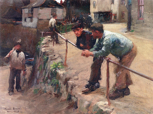 Figures on the Cliff, Newlyn, vintage artwork by Harold Charles Francis Harvey, 12x8" (A4) Poster
