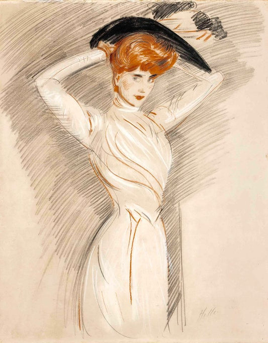 An elegant lady wearing a hat, vintage artwork by Paul Cesar Helleu, 12x8" (A4) Poster