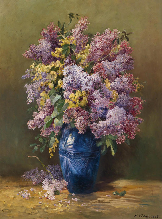 Lilacs in Blue Vase, vintage artwork by Karl Vikas, 12x8" (A4) Poster