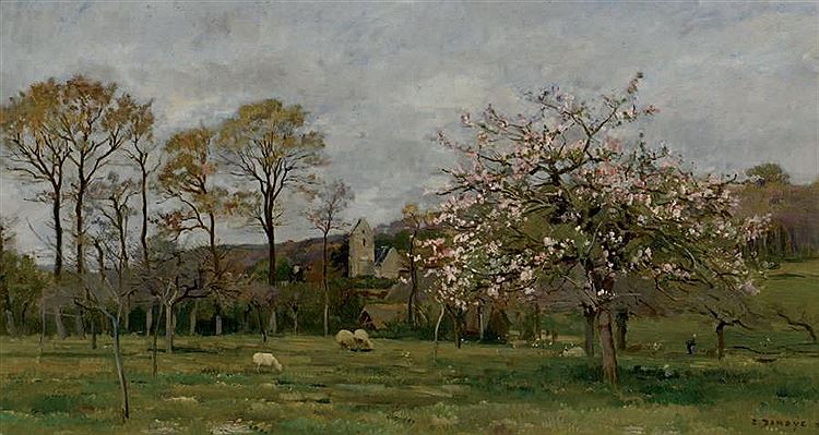 Landscape with Cherry Tree, vintage artwork by Pierre-Emmanuel Damoye, 12x8" (A4) Poster