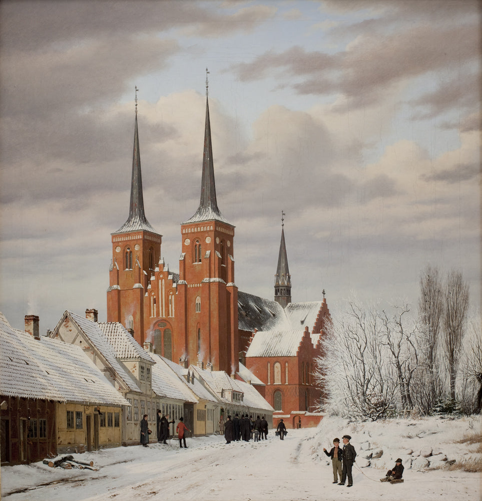 Street in Roskilde. In the Background the Cathedral, vintage artwork by Jorgen Roed, A3 (16x12") Poster Print