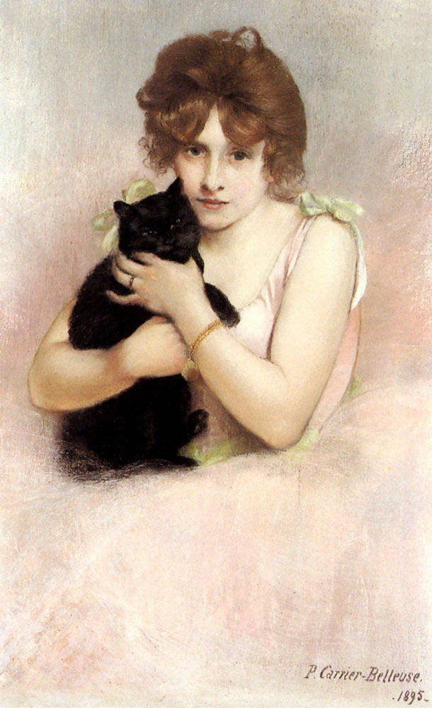 Young Ballerina Holding A Black Cat, vintage artwork by Pierre Carrier-Belleuse, 12x8" (A4) Poster