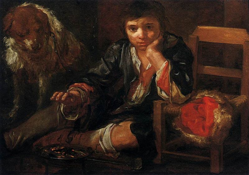 Boy warming himself over embers, vintage artwork by Eberhart Keilhau, 12x8" (A4) Poster