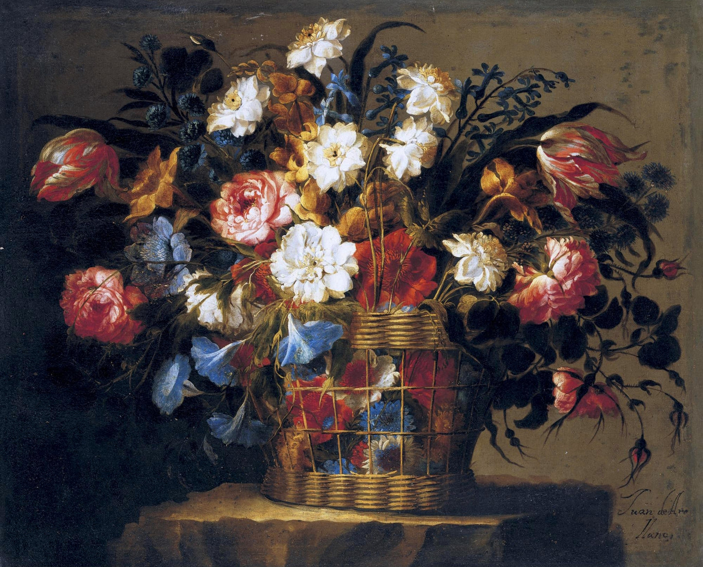 Still Life of Flowers in a Basket, vintage artwork by Juan de Arellano, 12x8" (A4) Poster