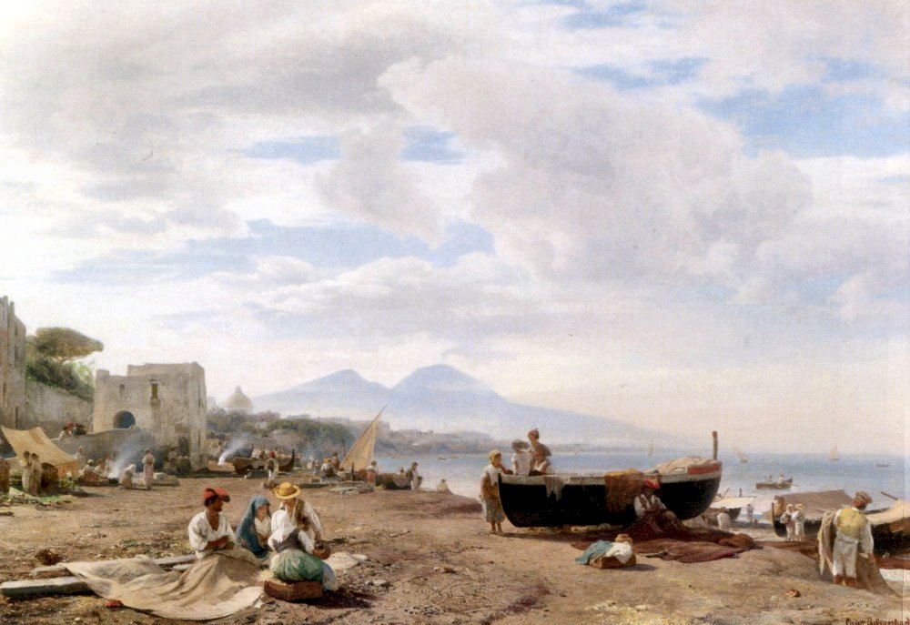 Fishermen on the Amalfi Coast, vintage artwork by Oswald Achenbach, 12x8" (A4) Poster