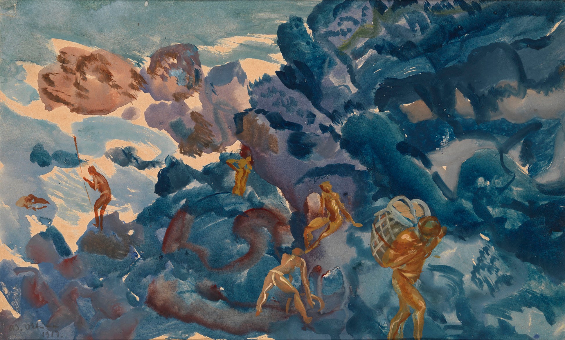 Fishermen on Oshima Island, vintage artwork by Alexander Evgenievich Yakovlev, 12x8" (A4) Poster
