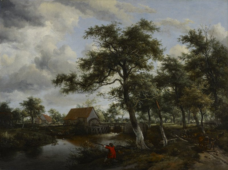 Wooded Landscape with Watermill, vintage artwork by Meindert Hobbema, 12x8" (A4) Poster