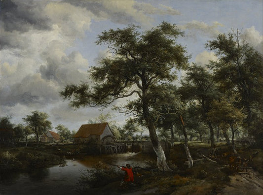 Wooded Landscape with Watermill, vintage artwork by Meindert Hobbema, 12x8" (A4) Poster