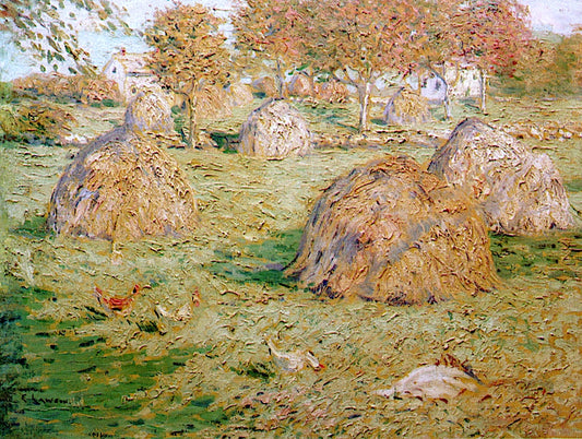 Haystacks on the Farm, vintage artwork by Ernest Lawson, 12x8" (A4) Poster
