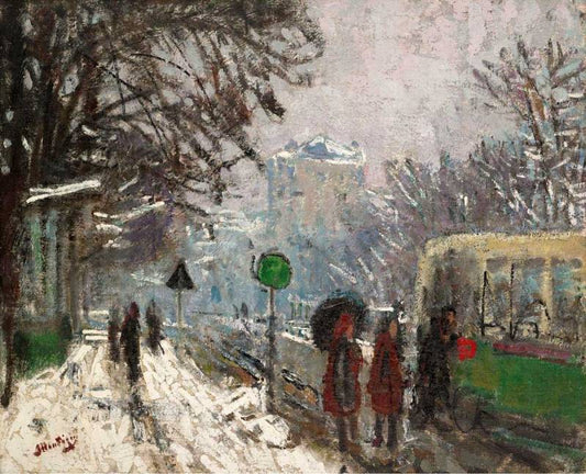 Bineau Boulevard under the Snow, vintage artwork by Pierre-Eugène Montezin, 12x8" (A4) Poster