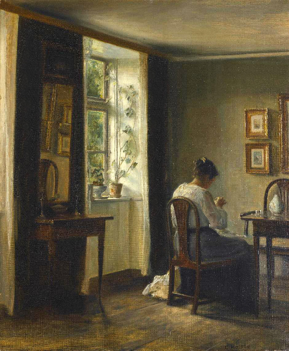 Seamstress Sewing in an Interior, vintage artwork by Carl Vilhelm Holsøe, 12x8" (A4) Poster