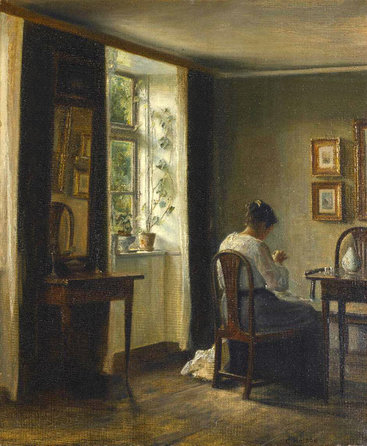 Seamstress Sewing in an Interior, vintage artwork by Carl Vilhelm Holsøe, 12x8" (A4) Poster