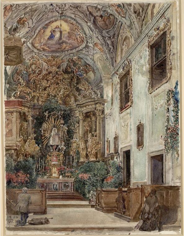 Der Gnadenaltar der Hietzinger Pfarrkirche im Maiandachtschmuck, vintage artwork by Rudolf von Alt, A3 (16x12") Poster Print