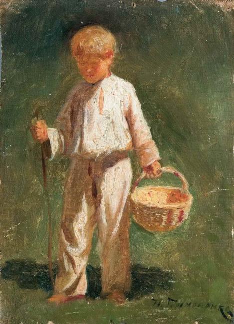 Boy with a Basket, vintage artwork by Nikolai Pimonenko, 12x8" (A4) Poster