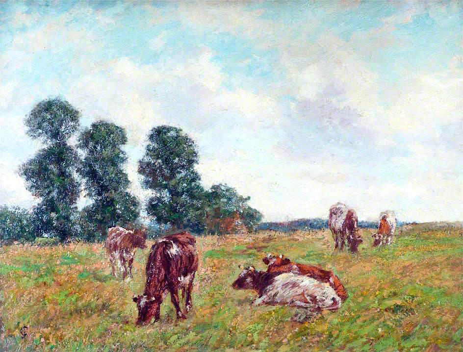 Meadow Scene with Cattle and Trees, vintage artwork by James Charles, 12x8" (A4) Poster