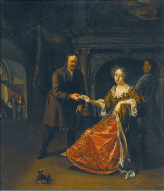 An Elegant Lady Seated In An Interior Receiving a Letter From a Footman, vintage artwork by Matthijs Naiveu, 12x8" (A4) Poster