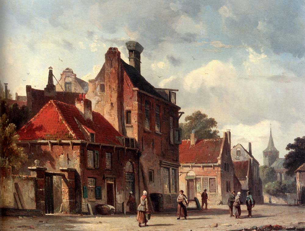 View Of a Town With Figures In A Sunlit Street, vintage artwork by Adrianus Eversen, A3 (16x12") Poster Print