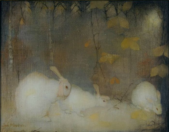 White rabbits in autumn, vintage artwork by Jan Mankes, 12x8" (A4) Poster
