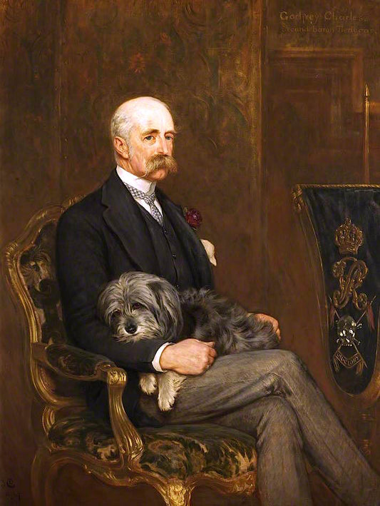 Godfrey Charles Morgan, 2nd Baron, 1st Viscount Tredegar, with His Skye Terrier, 'Peeps', vintage artwork by John Charlton, 12x8" (A4) Poster