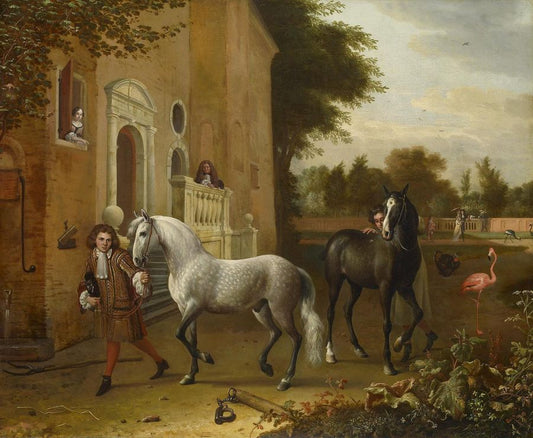 Grooms with Horses, a Grey and a Dark Bay, at Nijenrode Castle, vintage artwork by Melchior d'Hondecoeter, 12x8" (A4) Poster