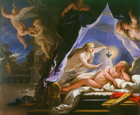 Psyche Discovering the Sleeping Cupid, vintage artwork by Luca Giordano, 12x8" (A4) Poster