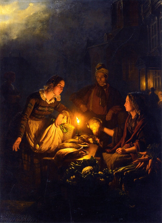 Moonlit Market in the Hague, vintage artwork by Petrus van Schendel, A3 (16x12") Poster Print