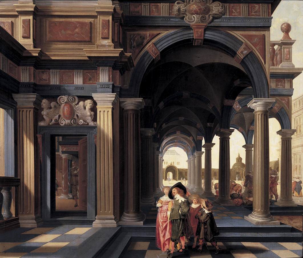 Elegant Figures in a Loggia, vintage artwork by Dirck van Delen, 12x8" (A4) Poster