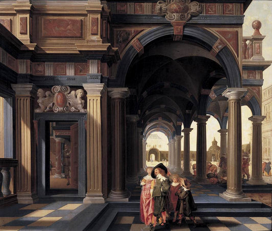 Elegant Figures in a Loggia, vintage artwork by Dirck van Delen, 12x8" (A4) Poster