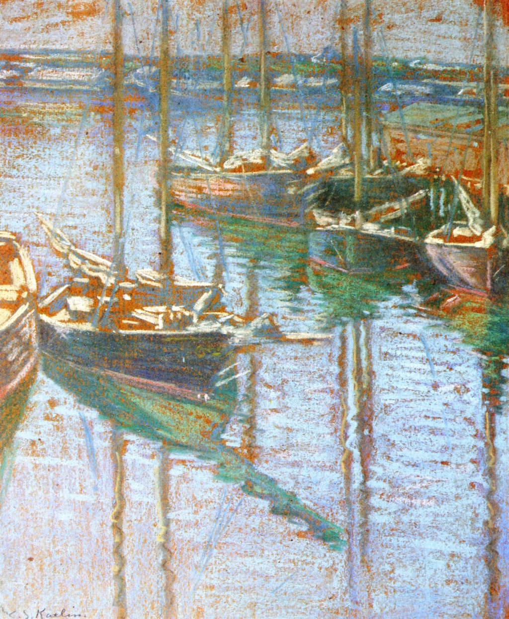 Fishing Boats at Rest, Rockport, Massachusetts, vintage artwork by Charles Salis Kaelin, 12x8" (A4) Poster