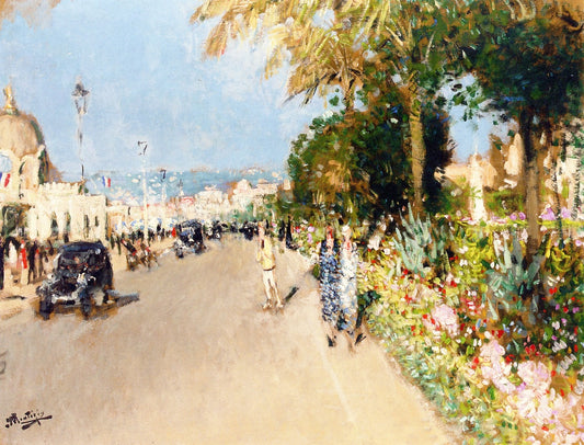 Flower Beds on the Promenade des Anglais, vintage artwork by Pierre-Eugène Montezin, 12x8" (A4) Poster