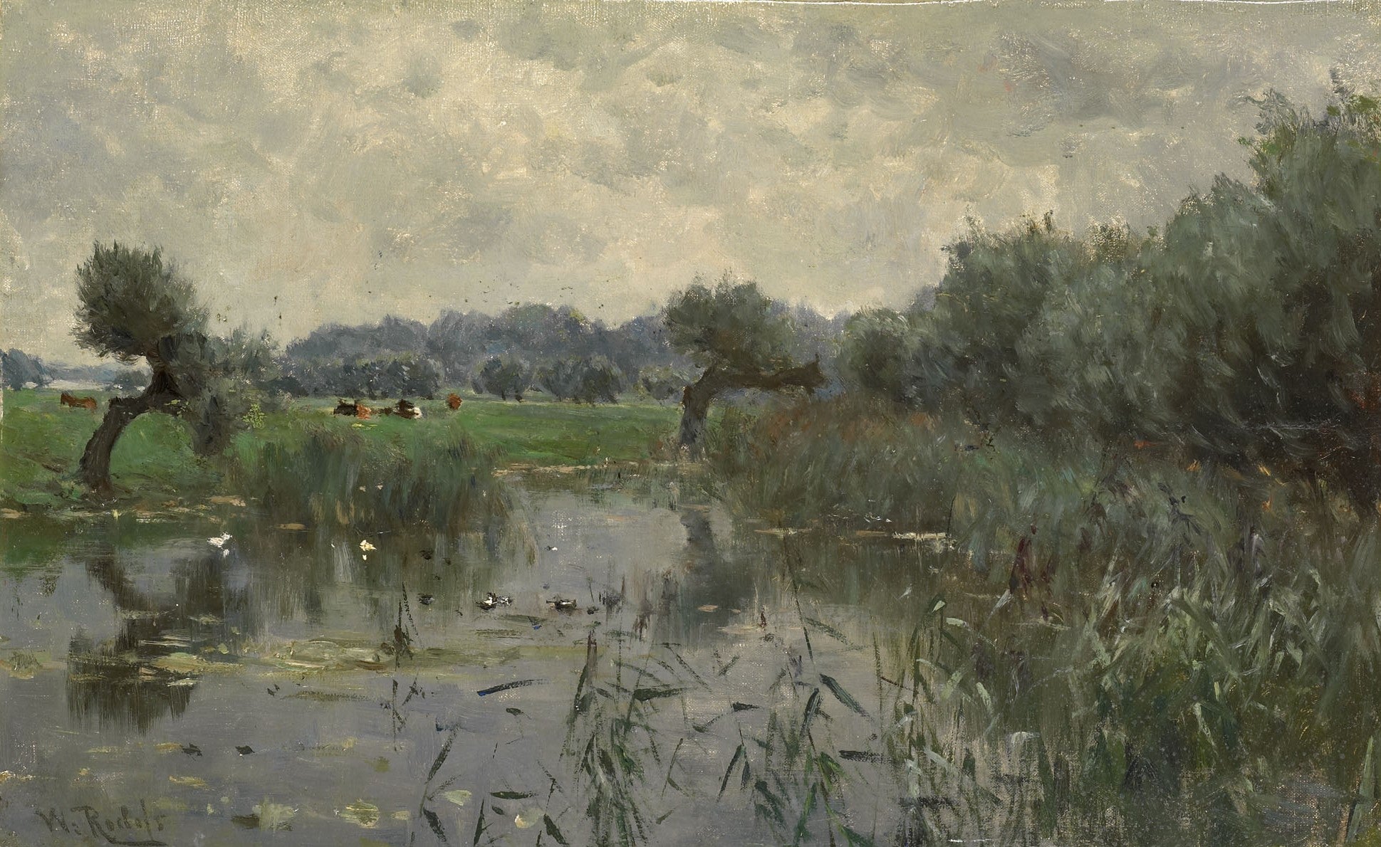 Water Meadows on the River IJssel, vintage artwork by Willem Roelofs, 12x8" (A4) Poster