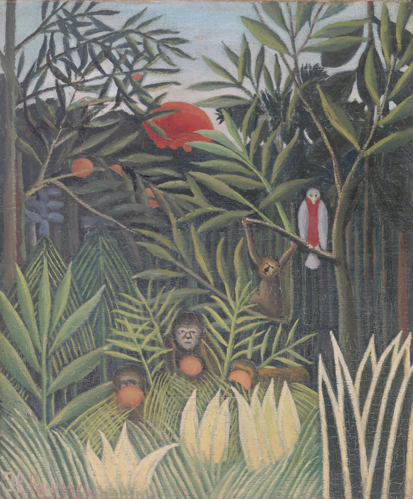 Monkeys and Parrot in the Virgin Forest, vintage artwork by Henri Rousseau, 12x8" (A4) Poster