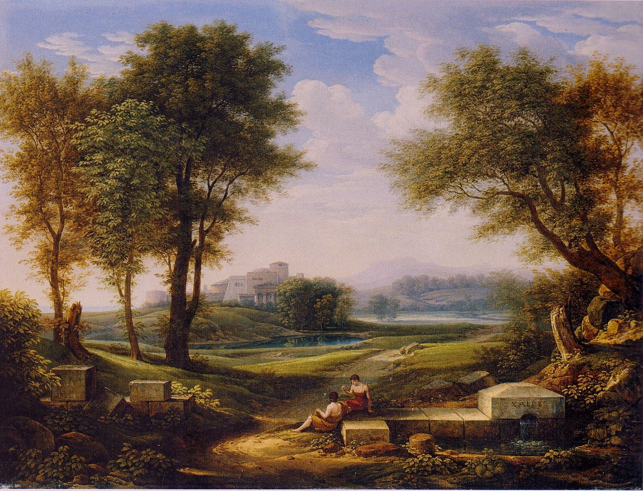 Ideal Landscape with Two Shepherds at a Spring., vintage artwork by Johann Christian Reinhart, 12x8" (A4) Poster