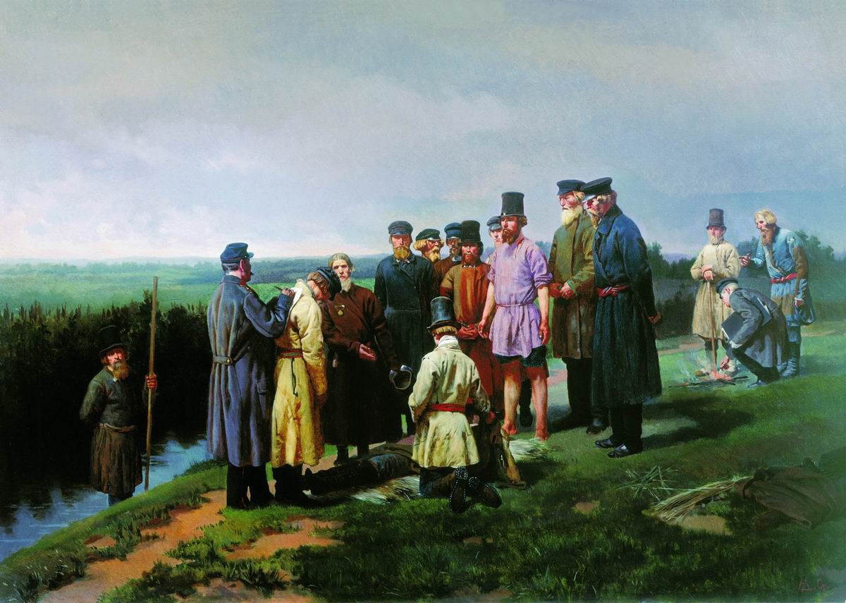 Villagers Find a Drowned Man, vintage artwork by Nikolai Dmitriev-Orenburgsky, 12x8" (A4) Poster