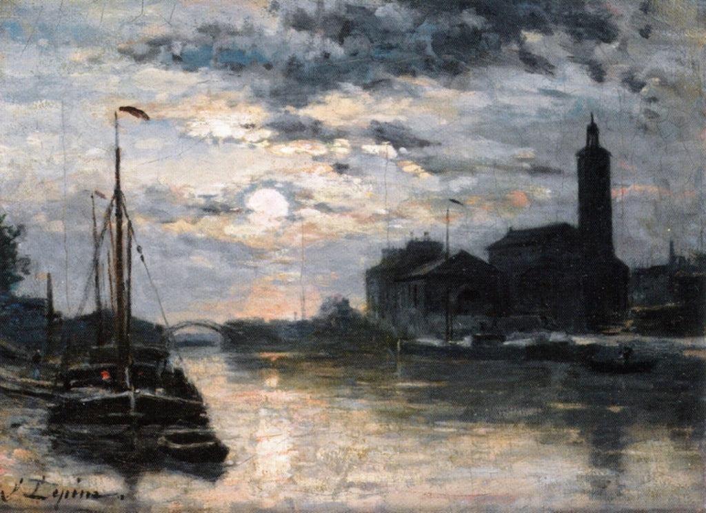 Le Canal de l'Ourcq, l'Eglise Saint-Christophe, vue du Quai de la Marne, effet de Lune, vintage artwork by Stanislas Lepine, 12x8" (A4) Poster